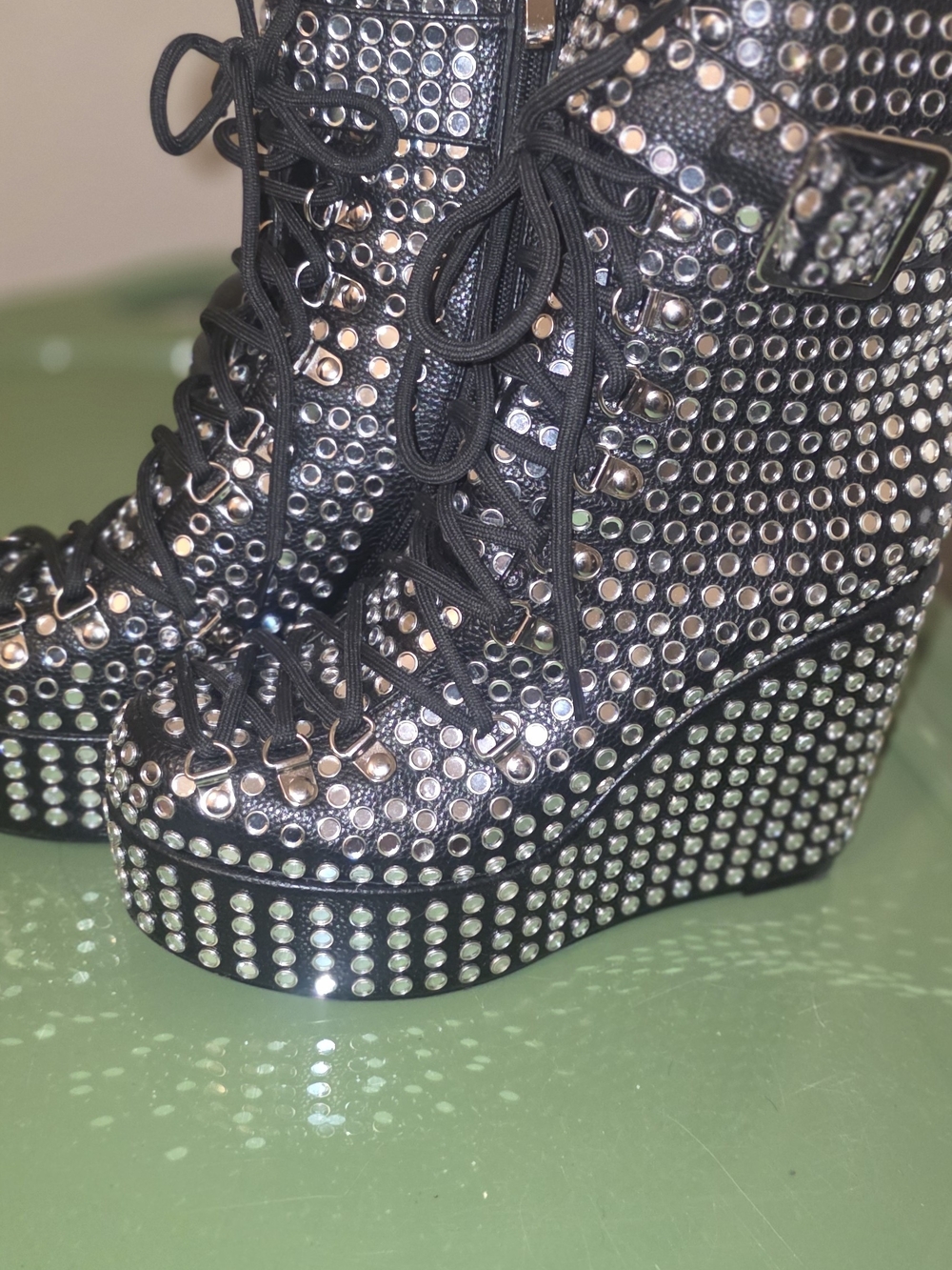 Studded Black Platform Wedge Lace-Up Boots